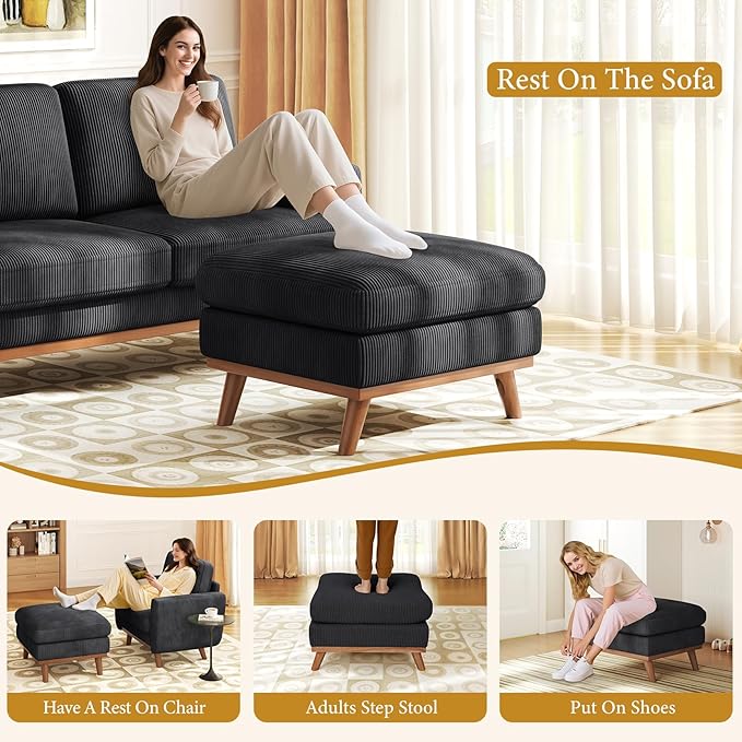Vesgantti Large Ottoman for Modular Sofa, 29.5" Corduroy Ottoman with Spring Cushion, Rectangle Foot Rest for Couch, Entrance Footstool with Wood Legs, Footstool for Living Room, Bedroom, Black