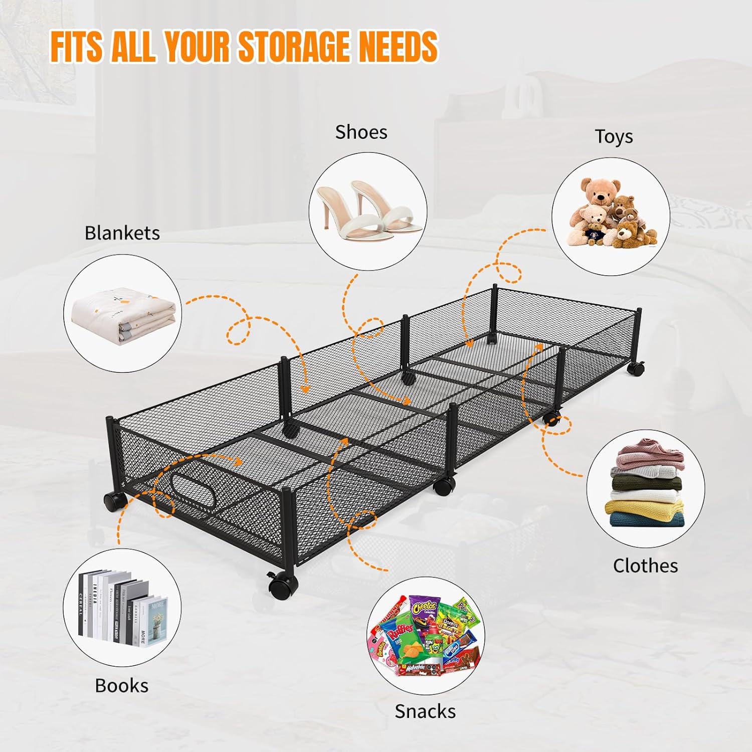 Under Bed Storage With Wheels, 47.2''/90lbs/57.6L, Metal Frame Under Bed Rolling Storage, Tool-Free Assembly Underbed Drawers, Underbed Organizer Containers for Shoes, Clothes and Toys (2 Pack)