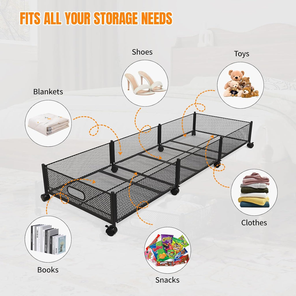 Under Bed Storage With Wheels, 47.2''/90lbs/57.6L, Metal Frame Under Bed Rolling Storage, Tool-Free Assembly Underbed Drawers, Underbed Organizer Containers for Shoes, Clothes and Toys
