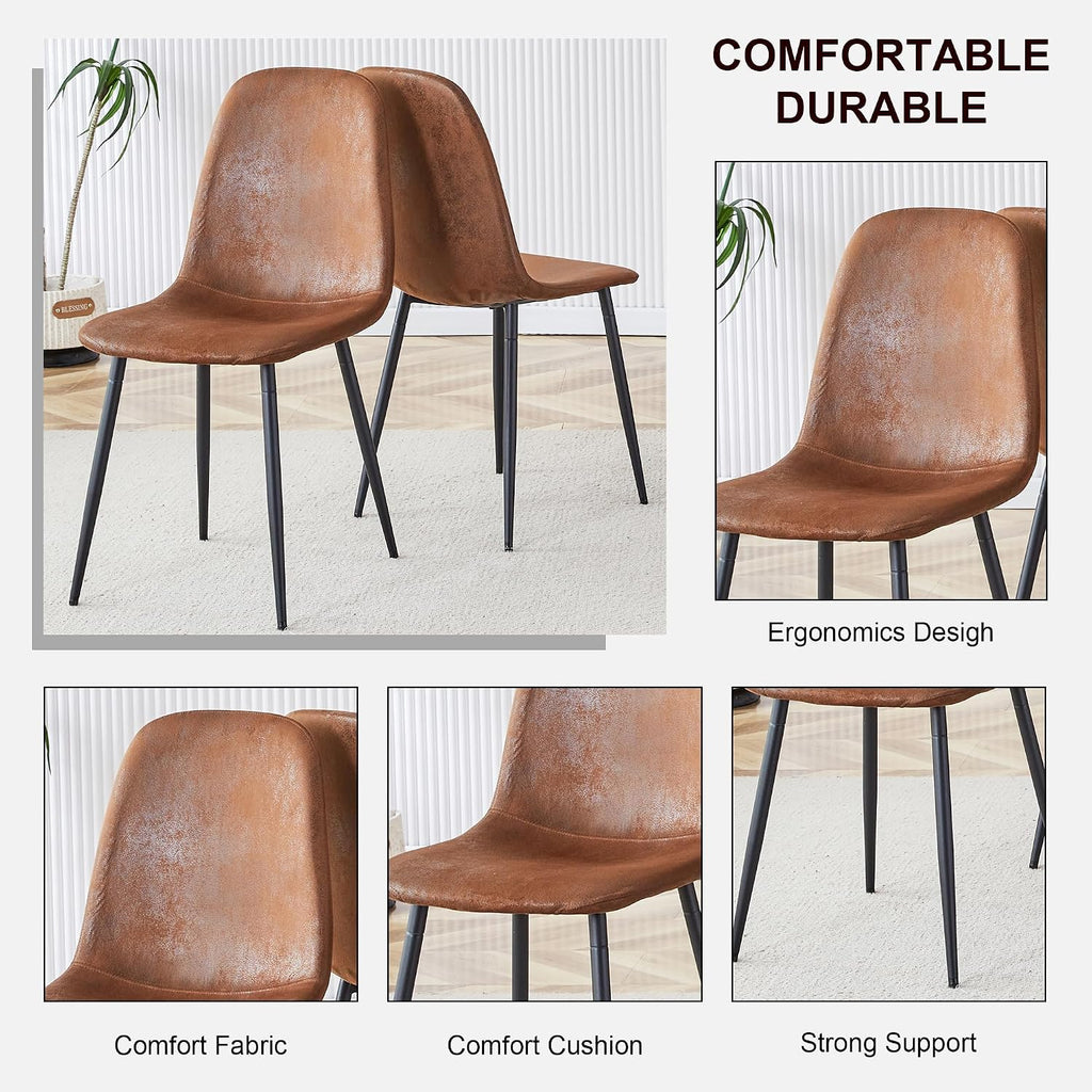 47" Round Dining Table Set for 4, Walnut Wood Grain Table and 4 Brown Suede Upholstered Chairs Set, Mid Century Modern Kitchen Table Set with Cross Legs
