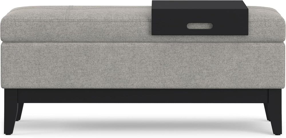 SIMPLIHOME Oregon 42" Wide Linen Look Fabric Storage Ottoman in Cloud Grey