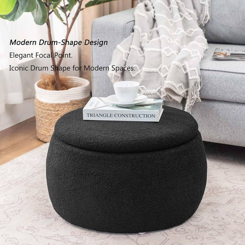Homebeez 23" Round Storage Ottoman with Removable Lid, Faux Fur Footrest...