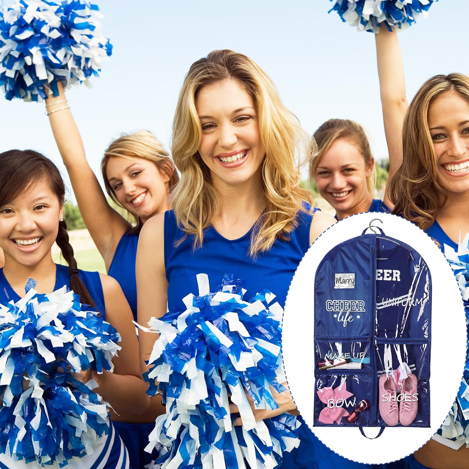 Cheer Garment Bags for Cheerleading Uniform For Cheer Mom Waterproof Hanging Garment Bag for Dance Costumes 40 Inch Clothes Bag with 5 Pocket Travel Side Zip Storage Uniform(Nave Blue,White)