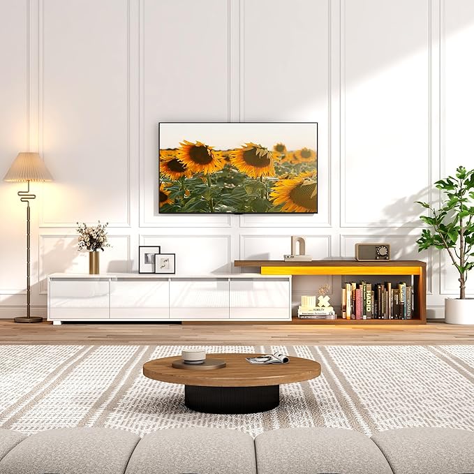 Extendable TV Stand with LED Light, Modern Entertainment Center for up to 120 Inch TV, Wood TV Media Console with 2 Drawers & 2 Cabinets for Living Room Bedroom, 75"-110", High Gloss White & Walnut