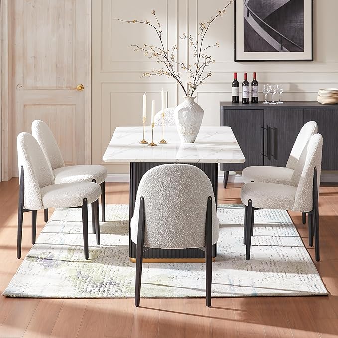 Morden Fort Boucle Dining Chairs Set of 2, Thick Upholstered Chairs with Metal Legs & Curved Backrest, Post Modern Minimalist Chair for Dining Room, Kitchen, Living Room, Bedroom, Apartments, White