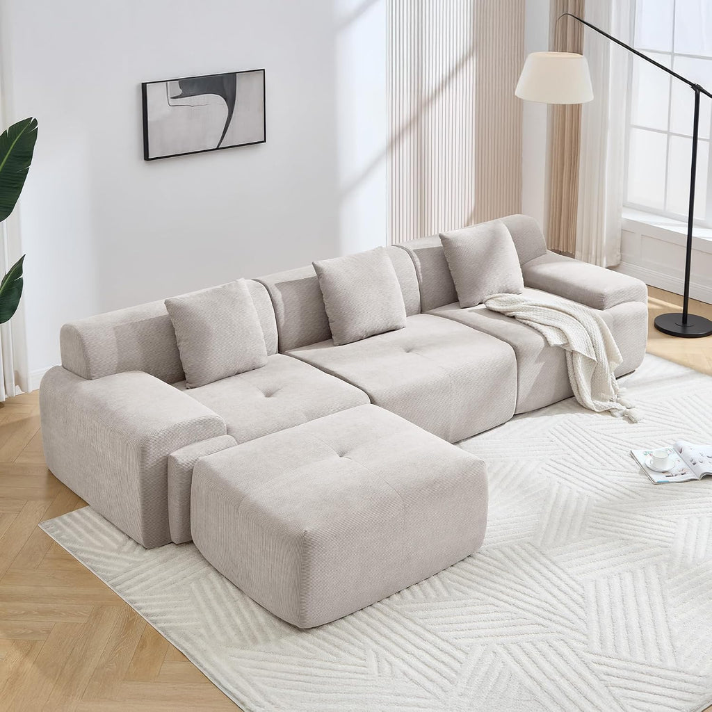 122" Modern L-Shaped Modular Sectional Sofa, Corduroy Upholstery Couches for Living Room, Oversized 3-Seater Boneless Cloud Couch with Deep Seat and Movable Ottoman, No Assembly, Camel/Beige