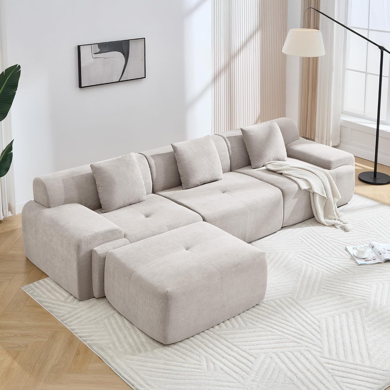 122" Modern L-Shaped Modular Sectional Sofa, Corduroy Upholstery Couches for Living Room, Oversized 3-Seater Boneless Cloud Couch with Deep Seat and Movable Ottoman, No Assembly, Camel/Beige