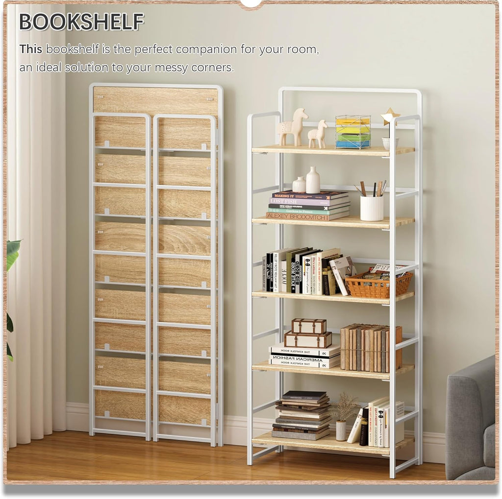 4NM No Assembly 5 Tiers Folding Bookshelf Storage Shelves Vintage Bookcase Standing Racks Study Organizer Home Office (Natural White)