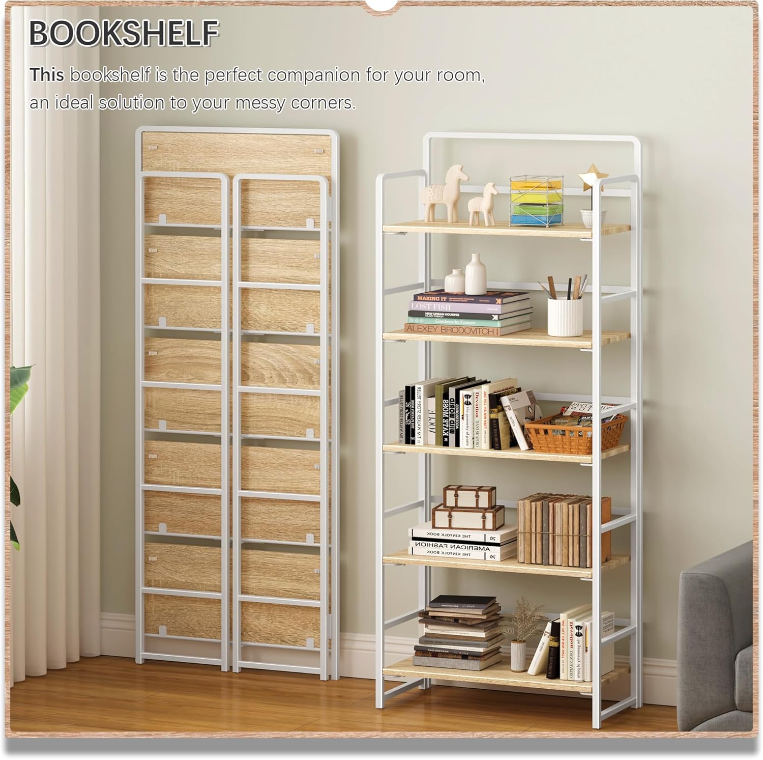 4NM No Assembly 5 Tiers Folding Bookshelf Storage Shelves Vintage Bookcase Standing Racks Study Organizer Home Office (Natural White)