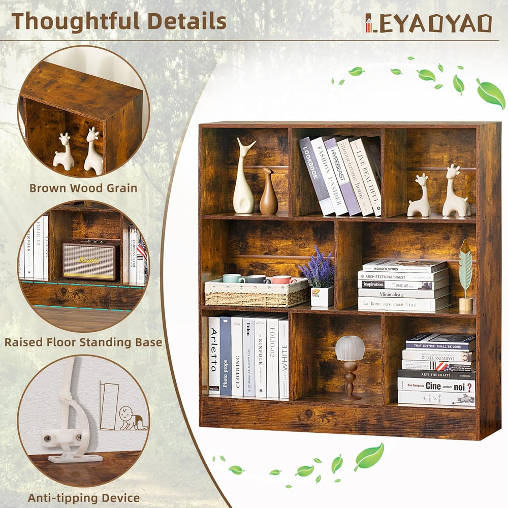 LEYAOYAO 8 Cube Bookshelf with Base,3 Tier Mid-Century Modern Brown Bookcase,...