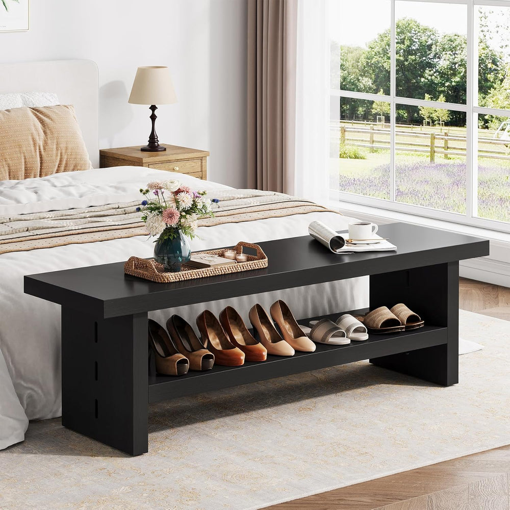 2 Tier Entryway Bench, 47.24" Shoe Bench, Rustic Shoe Rack, Wooden Stora...