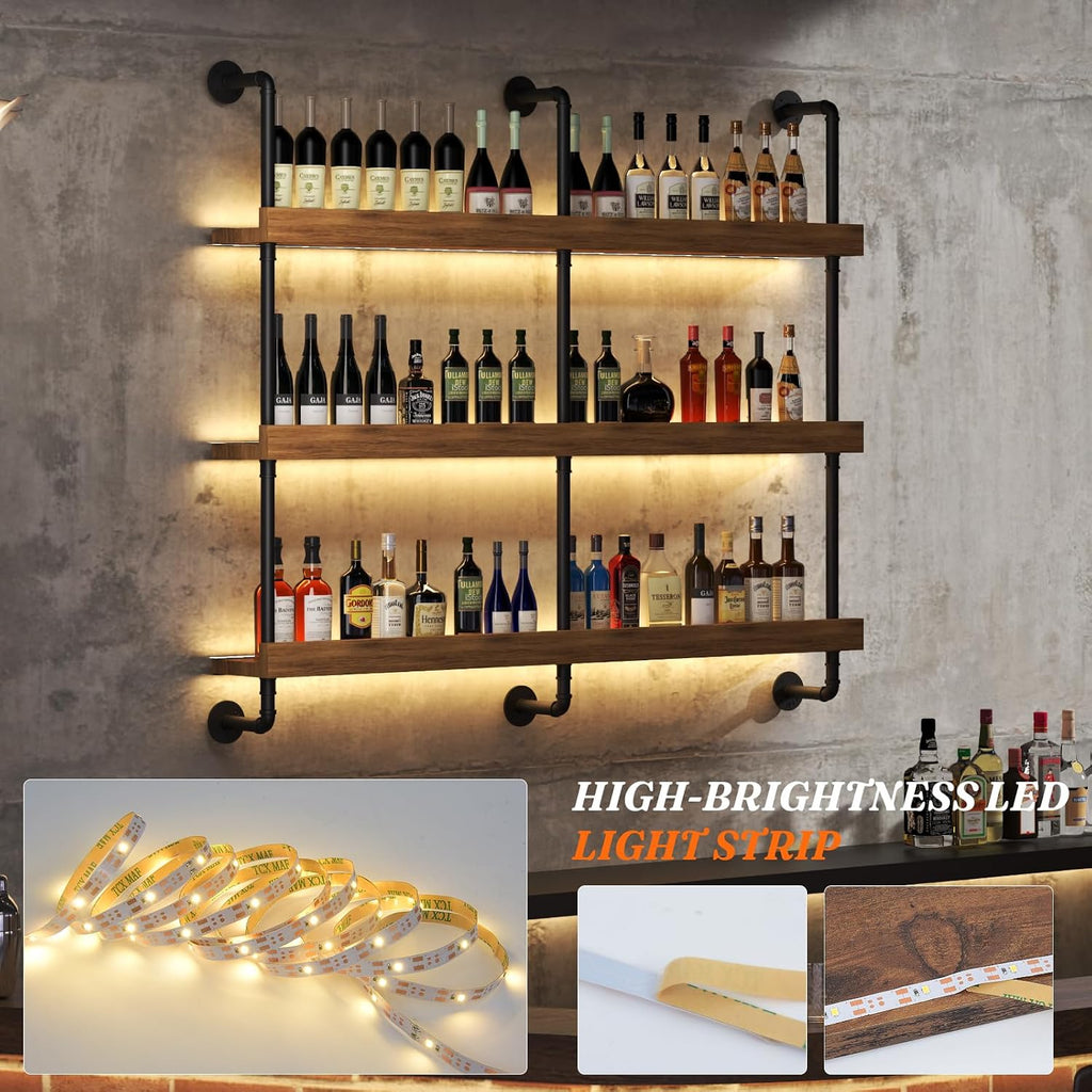 Large Wine Rack Wall Mounted with LED Light, Solid Wood Bar Shelves Wall Mounted, 3-Tiers Liquor Bottles Floating Shelves Display Storage Organizer for Home Bar, Dining Room (39.7 inch)