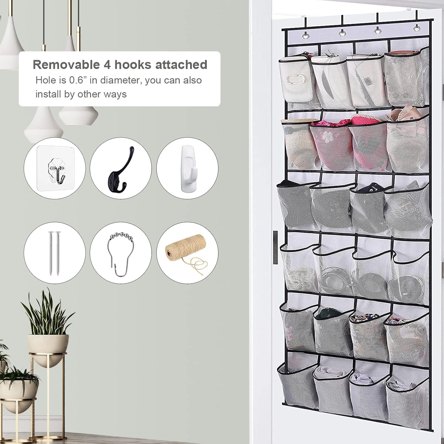 Over the Door Hanging Shoe Organizer with 24 Large Mesh Pockets - Shoes Holder/White
