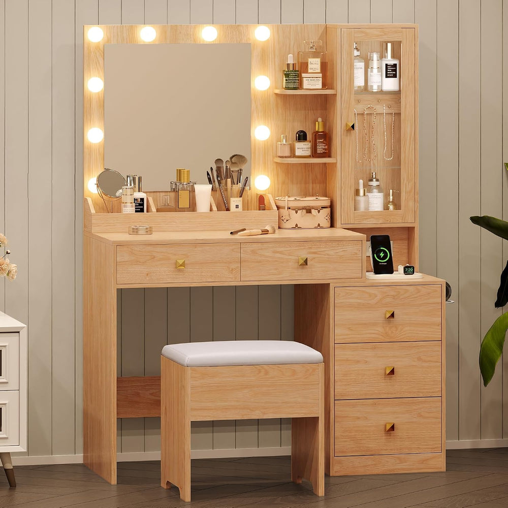 HUANLEGO Vanity Desk with Mirror and Lights & LED Glass Cabinet, Oak | Ma...