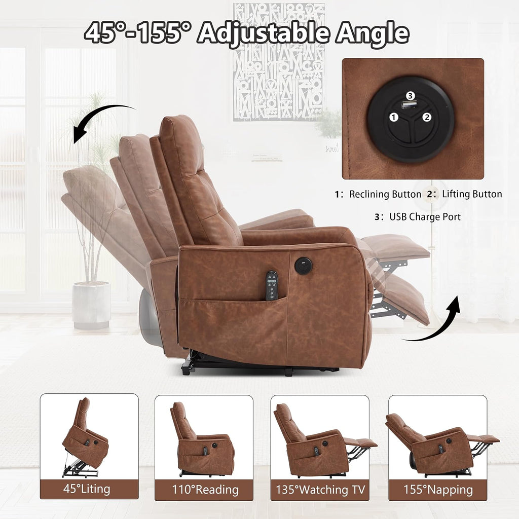 Power Lift Recliner Chair with Vibration Massage and Heat for Petite Elderly, Small Lift Chair with Side Pocket Remote Control, Infinite Position, Faux Leather Brown