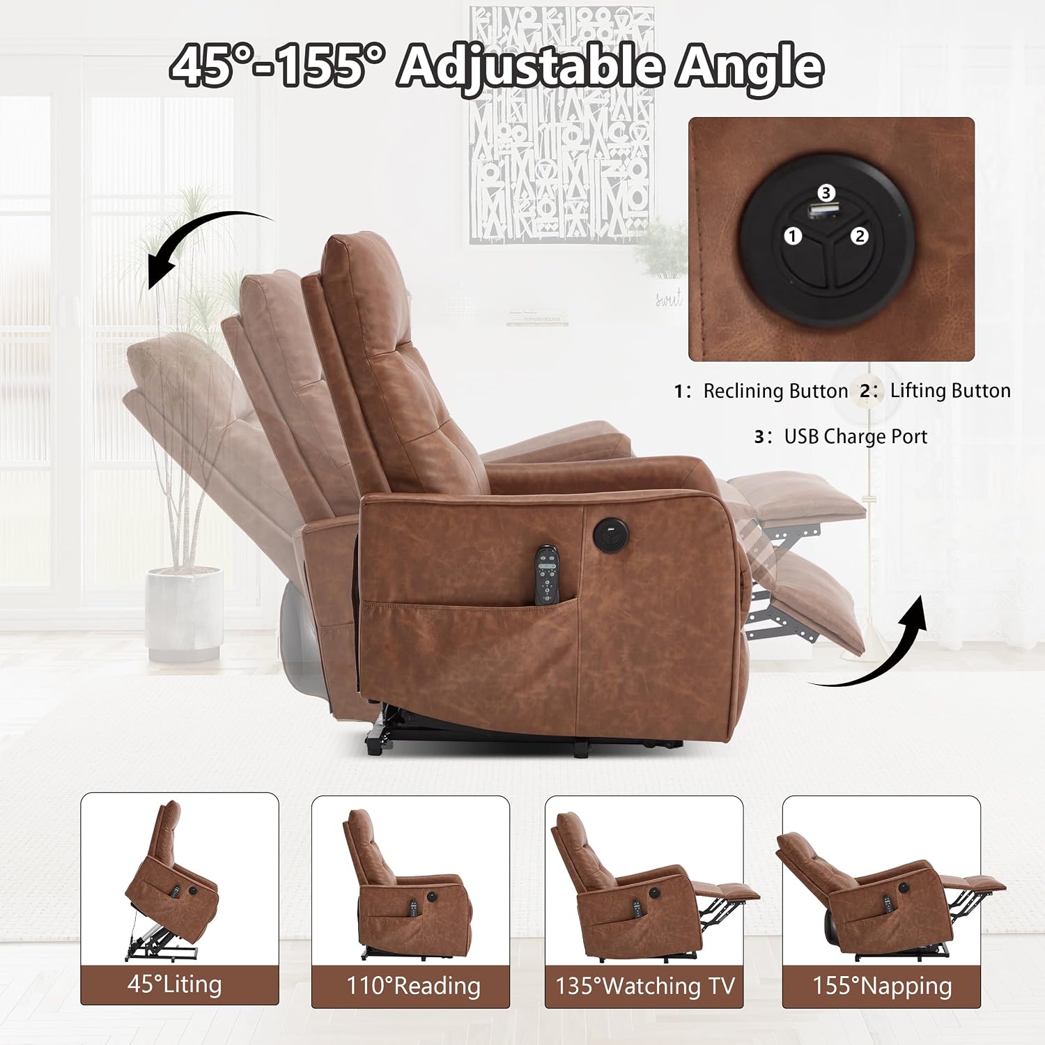 Power Lift Recliner Chair with Vibration Massage and Heat for Petite Elderly, Small Lift Chair with Side Pocket Remote Control, Infinite Position, Faux Leather Brown
