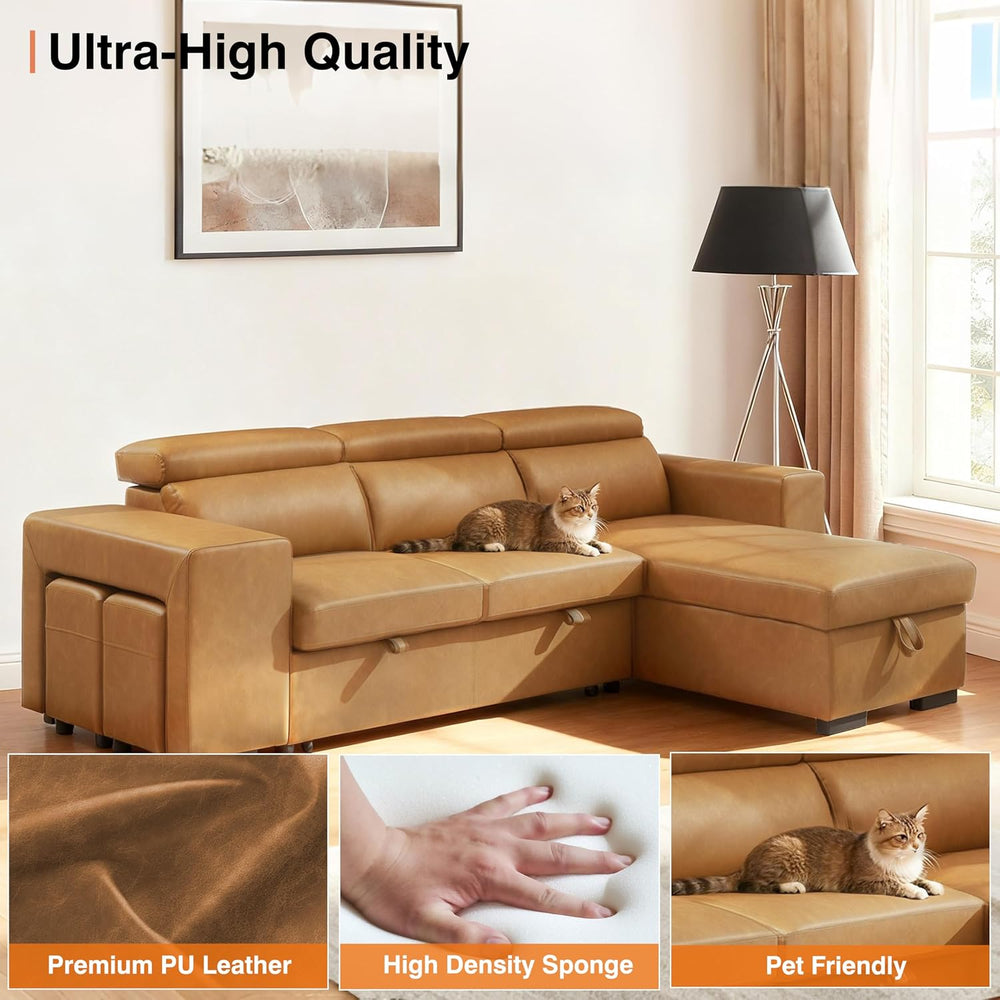 THSUPER 102'' Leather L Shaped Sectional Sleeper Sofa with Pull Out B...