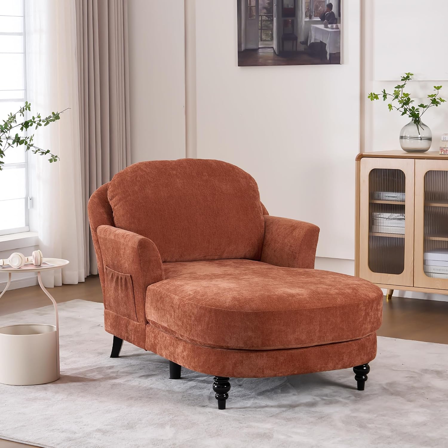 59.8" Chaise Lounge Chair Indoor, Chenille Reading Chairs | Side Pocket, Upholstered Chaise Lounge for for Bedroom, Living Room& Apartment ,Sturdy Frame, Orange