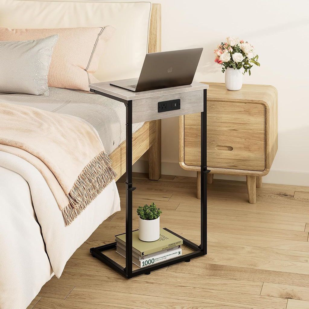 Vagusicc C Shaped End Table with Charging Station, Adjustable Height Side Table for Couch,Small Side Table Small Spaces,33.2'' Tall Couch Tables that Slide Under, Tv Tray Table for Living Room, Greige