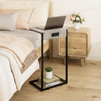 Vagusicc C Shaped End Table with Charging Station, Adjustable Height Side Table for Couch,Small Side Table Small Spaces,33.2'' Tall Couch Tables that Slide Under, Tv Tray Table for Living Room, Greige