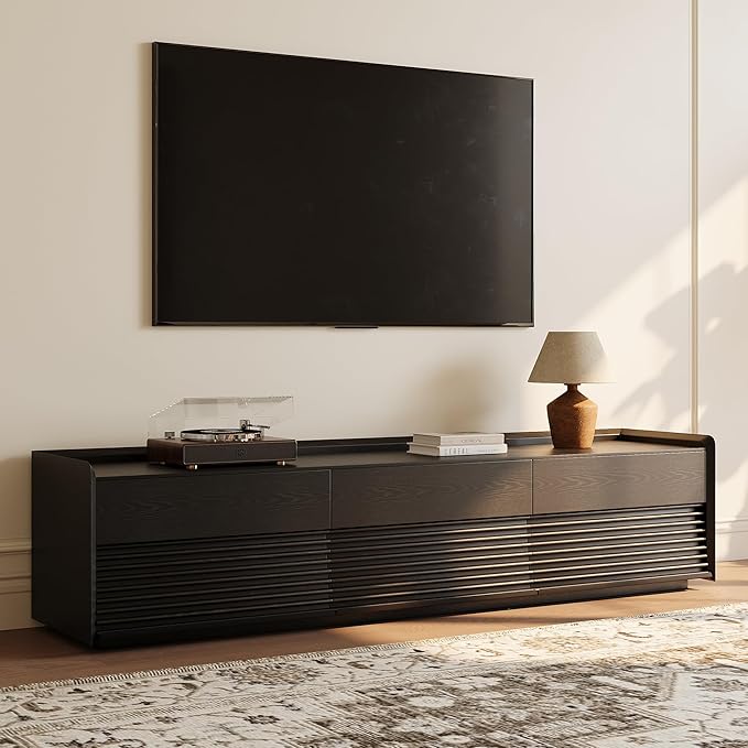 POVISON Fully-Assembled Mid Century Modern TV Stand, 78.74" Wood Media Console with Adjustable LED Light, Entertainment Center with Storage for Living Room