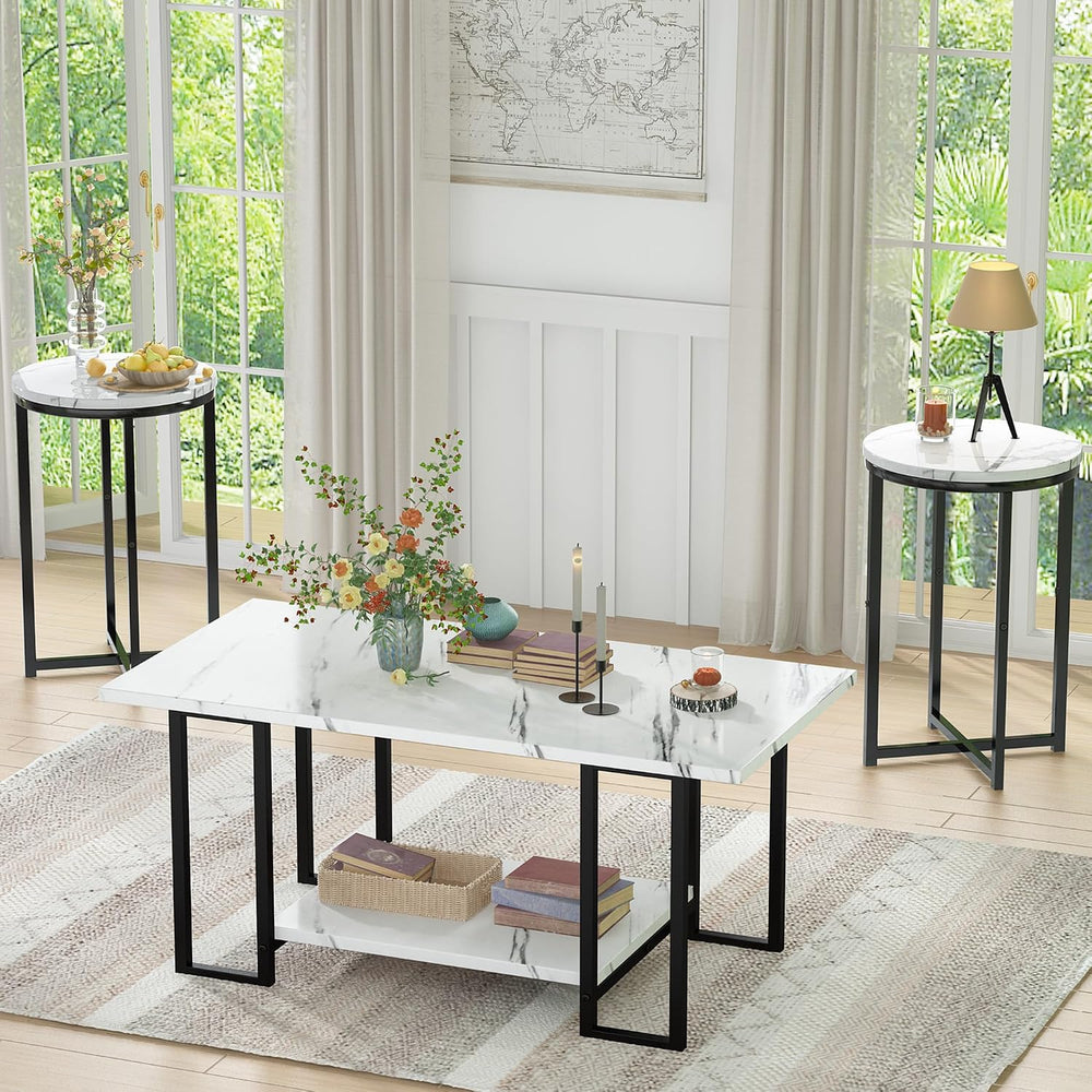 Lamerge 3 Pieces Living Room Table Set, Faux Marble Coffee Table with 2 Round...