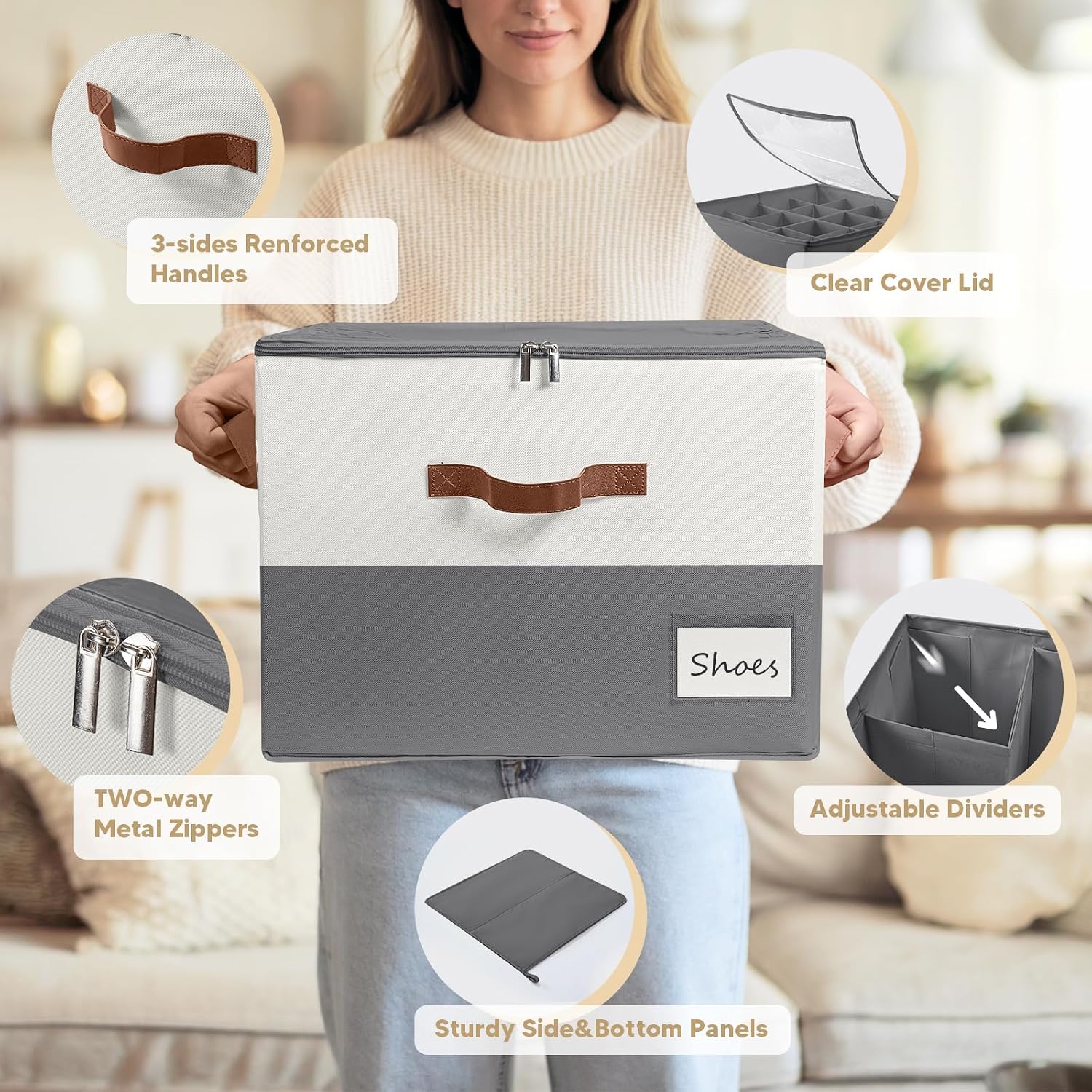 Shoe Organizer for Closet, Fits Up to 32 Pairs, Large Shoe Box Storage Container with Clear Cover, with Adjustable Dividers for Shoe Storage Bins,Space-Saving Shoe Bins,(2-Pack Beige and grey)