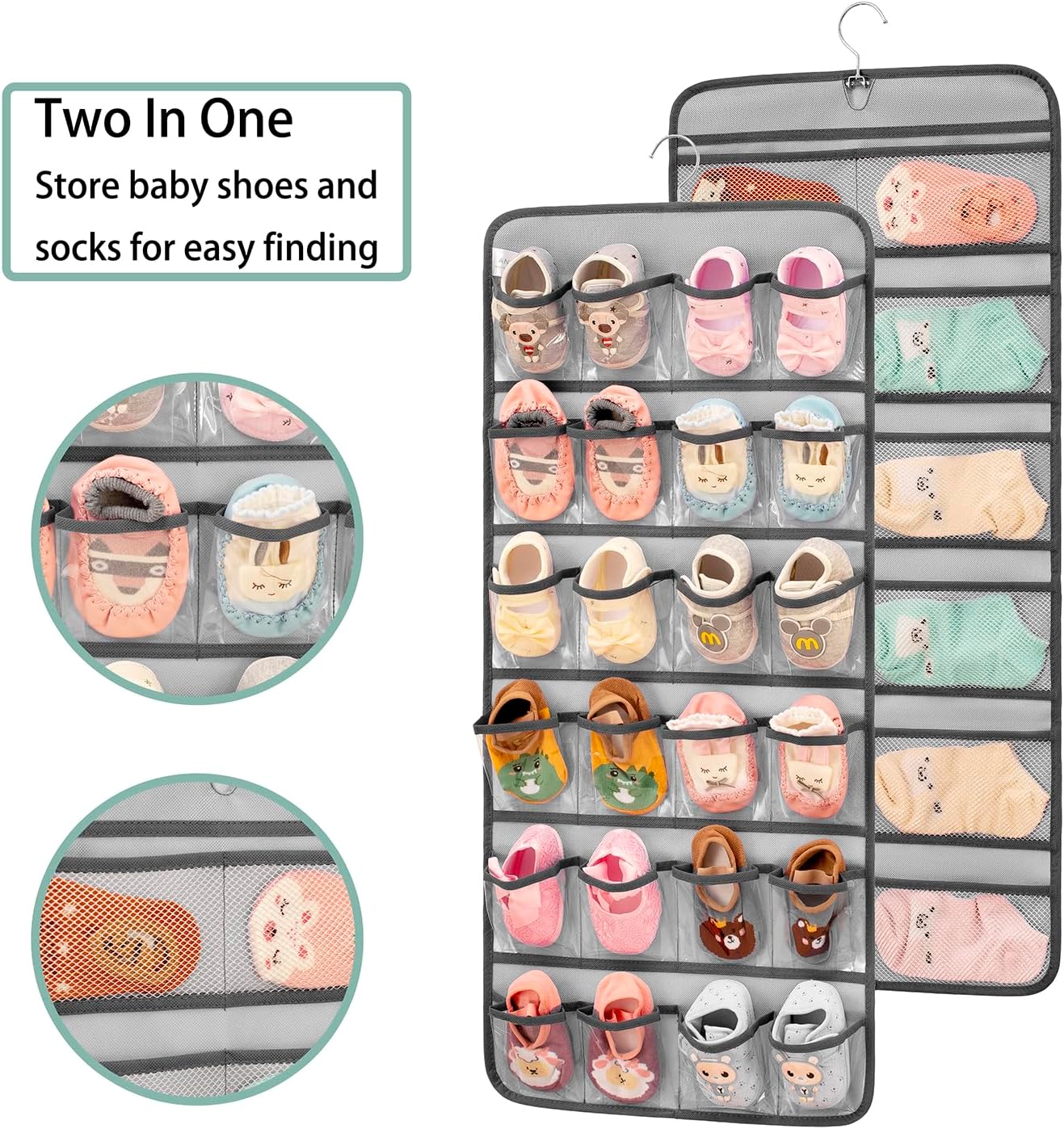 Dual-sided Hanging Baby Shoes Organizer Closet Toddler Shoe Storage Holder for Kids Bow Socks Underwear (GREY)