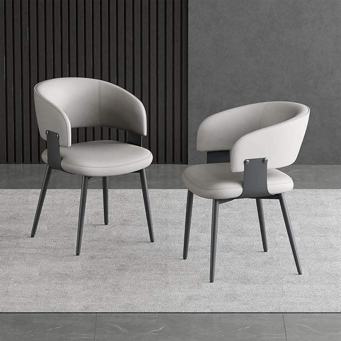 Modern Dining Chairs Set of 2, Faux Leather Upholstered Kitchen Chairs with Curved Back and Metal Legs, Mid Century Chairs for Dining Room, Kitchen, or Café (Light Gray)