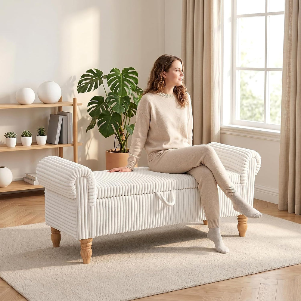 55" Storage Ottoman Bench, Corduroy End of Bed Bench for Bedroom, White ...