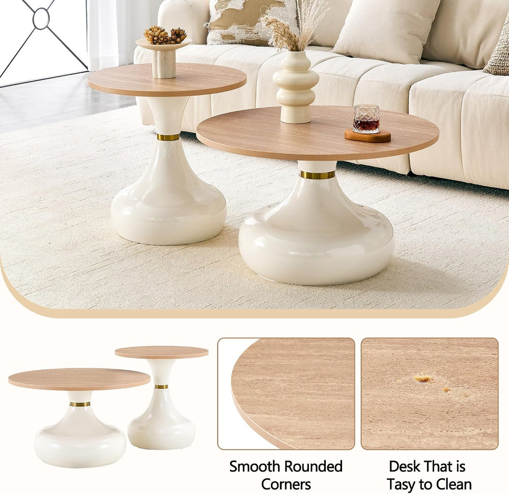 2-Piece Nesting Coffee Table Set, Light Wood Grain, Gold Metal Base | Nesting...