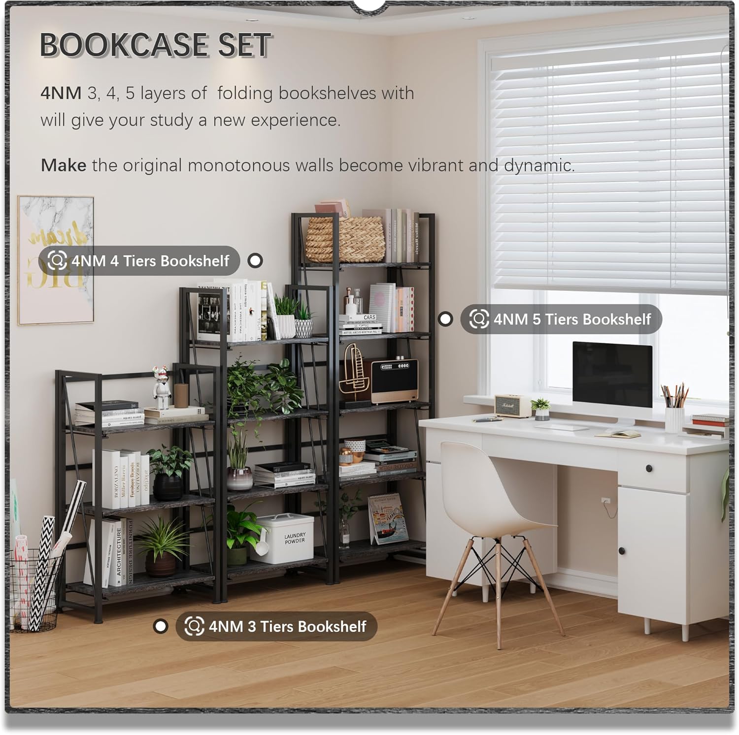4NM No Assembly Folding Bookshelf Storage Shelves 3 Tiers Vintage Bookcase Standing Racks Study Organizer Home Office (Gray Black)