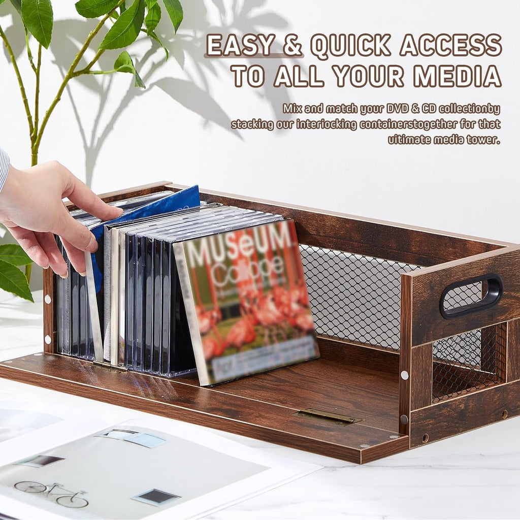 Jetec 1 Set Retro CD Storage Box - Father's Gift for Dad, Metal & Wood Holder Shelf with Handles, Cassette & DVD Organizer, Holds up to 36 CDs & Movie Cases, Vintage Display Rack