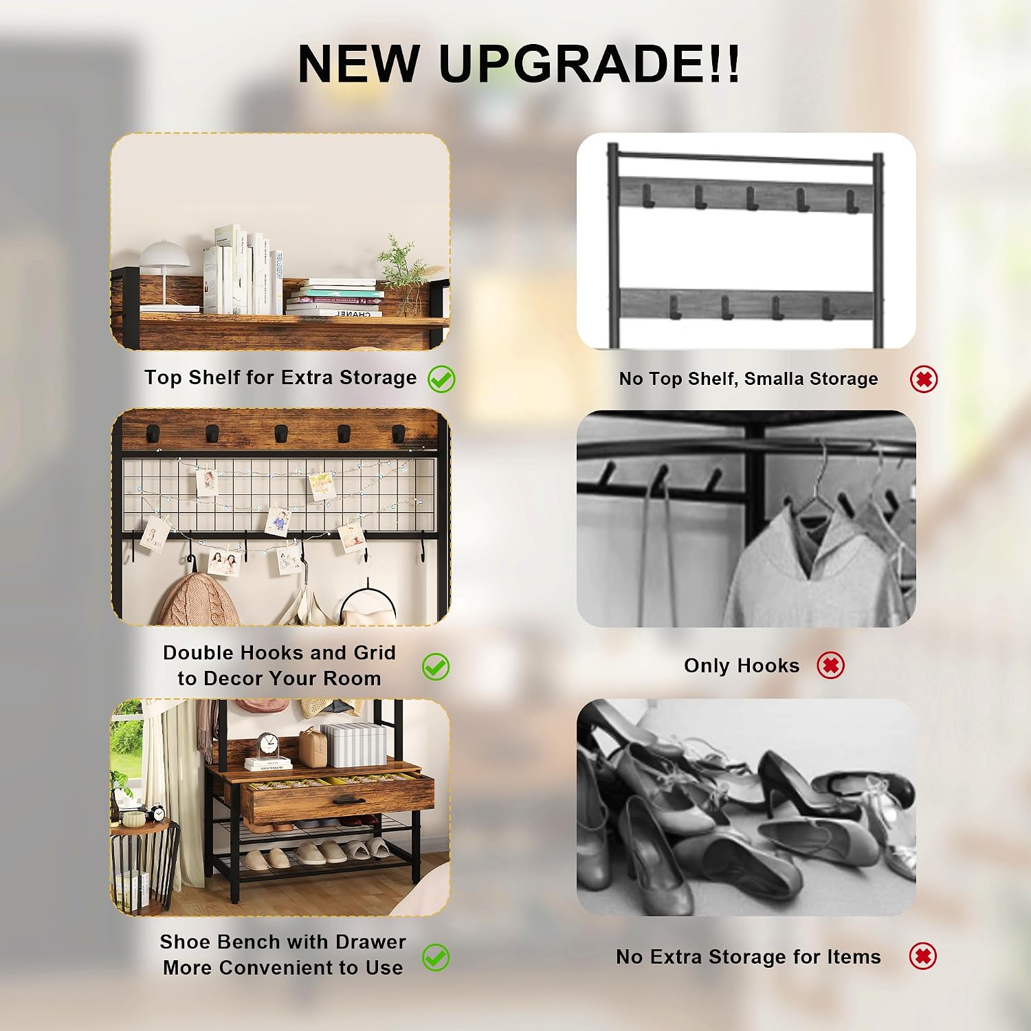 DKLGG Hall Tree with Bench and Shoe Storage for Entryway, 5-in-1 Coat Rack with Shoe Storage, Wood Look Accent Shoe and Coat Rack, Farmhouse Hall Tree with 12 Hooks for Mudroom, Bedroom, Living Room