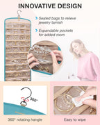 BAGSMART Hanging Jewelry Organizer, Necklace Holder Anti-tangle Earrings Rings Hanger with 20 Jewelry Bags Travel Storage Roll with Pockets Hang on Closet, Wall, Door,1 Piece, Large, Teal