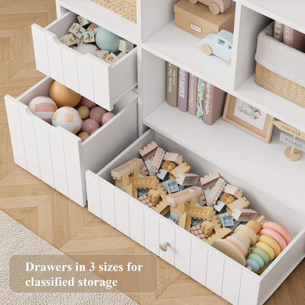 HORSTORS 48"W Kids Toy Storage Organizer, Large Toy Storage Chest with Removable Bins, 46"H Kids Bookshelf and Bookcase with Drawers for Boys and Girls, Modern Toy Box for Playroom, Classroom, White