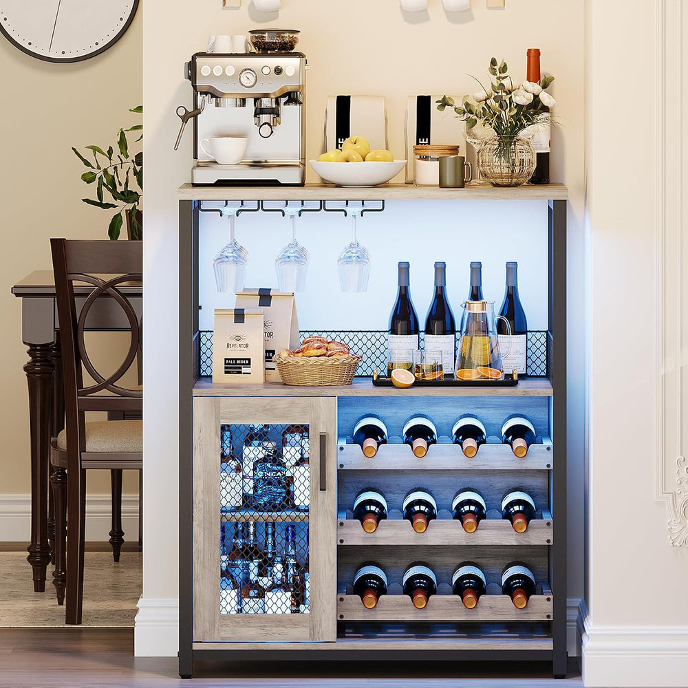GAOMON Modern 36" Grey Wine Bar Cabinet with LED Lights & Mesh Door,...