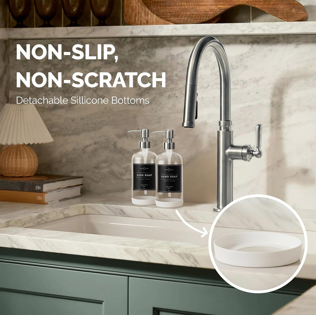 Vine Creations Clear Glass Soap Dispenser, 2 Pack Kitchen Soap Dispenser Set with Stainless Steel Pump, 16 oz Hand Soap or Dish Soap for Bathroom or Kitchen with Waterproof Labels