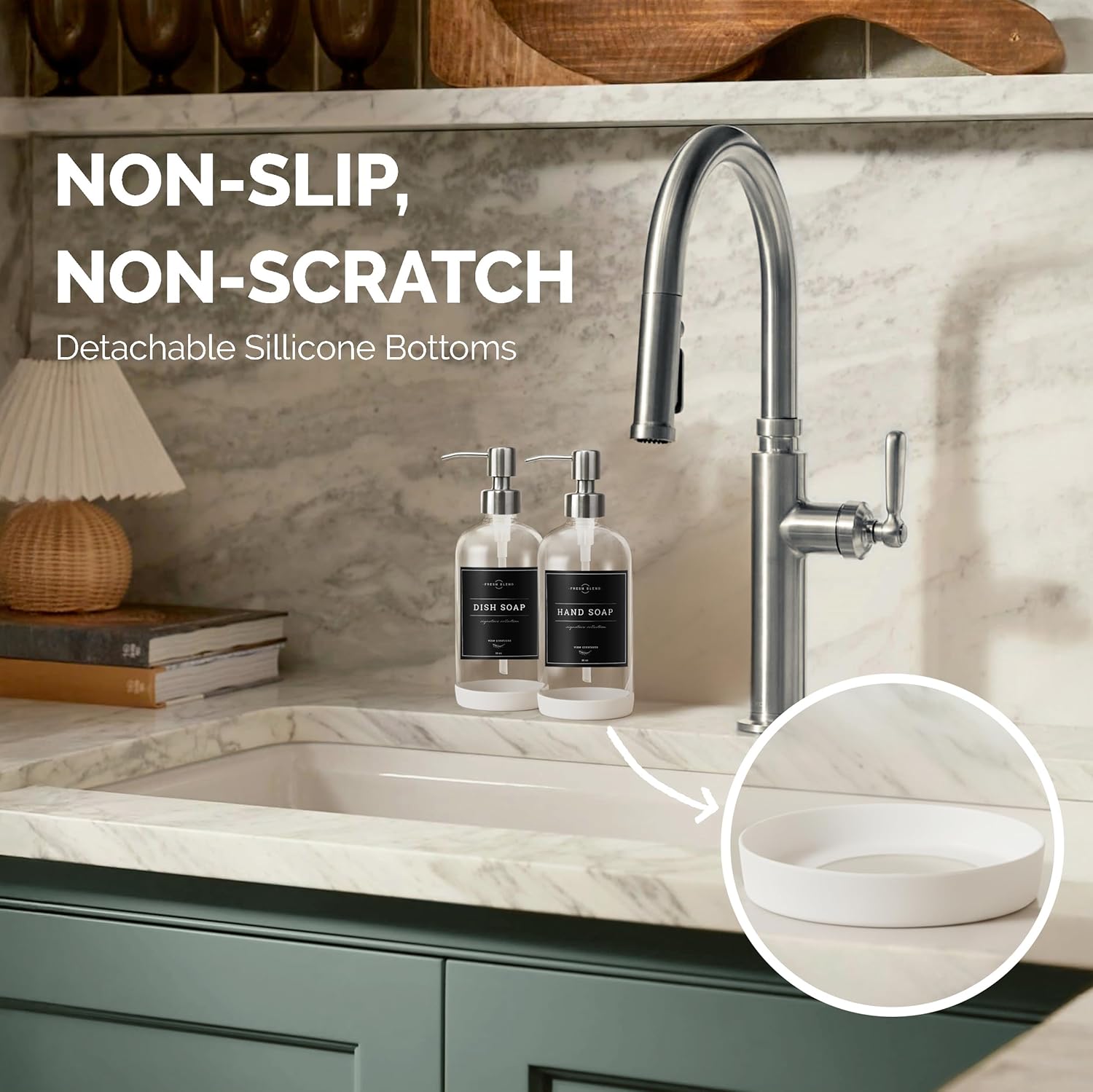 Vine Creations Clear Glass Soap Dispenser, 2 Pack Kitchen Soap Dispenser Set with Stainless Steel Pump, 16 oz Hand Soap or Dish Soap for Bathroom or Kitchen with Waterproof Labels