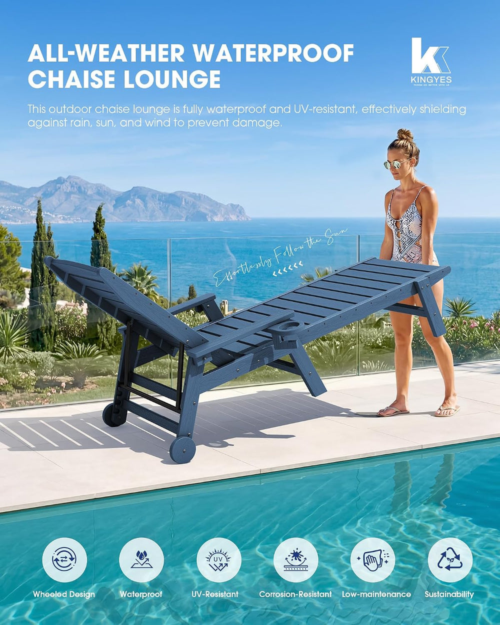 KINGYES HDPE Lounge Chair Outdoor Set of 2, All Weather Pool Lounger
