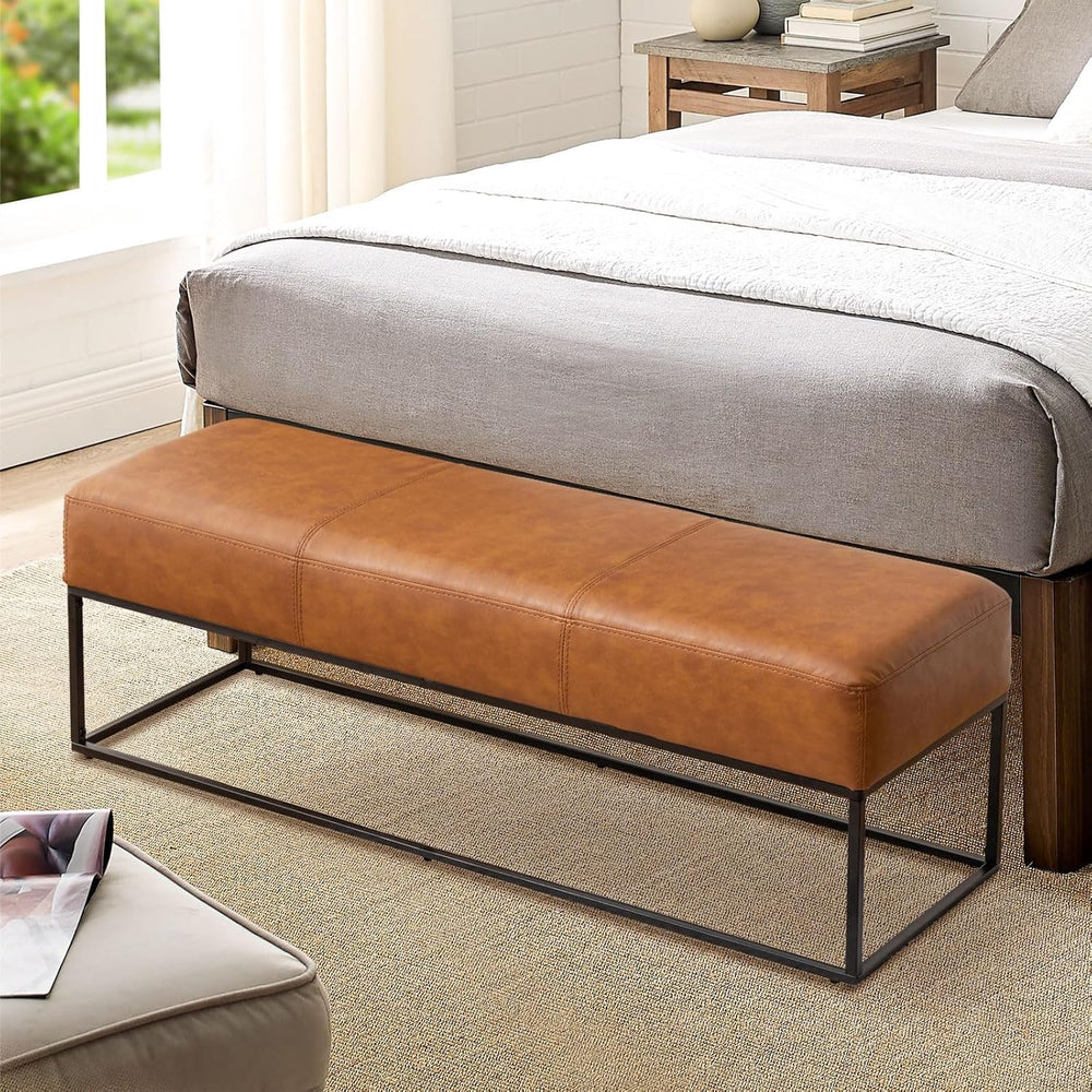 Leather Entryway Bench, Modern Long Faux Leather Ottoman Bench Seat with Meta...
