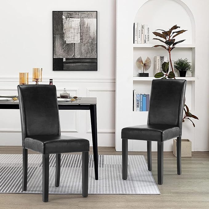 LSSPAID Dining Chairs Set of 2, PU Leather Padded Upholstered Modern Parson Chair, Dining Room Chairs with Solid Wood Legs for Kitchen Living Room, Black