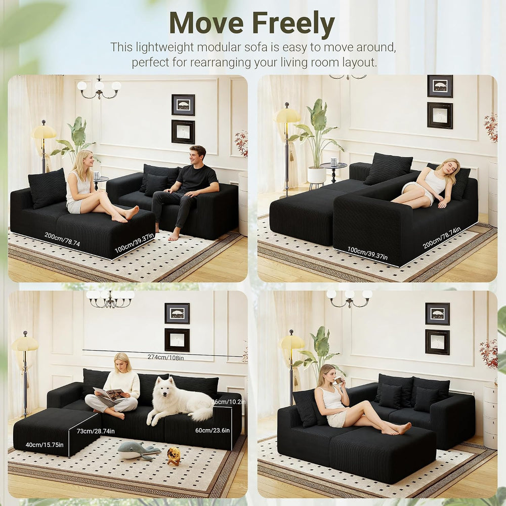 39" Modular Single Cloud Sofa, Corduroy Corner Chair Left Arm Module(Black)