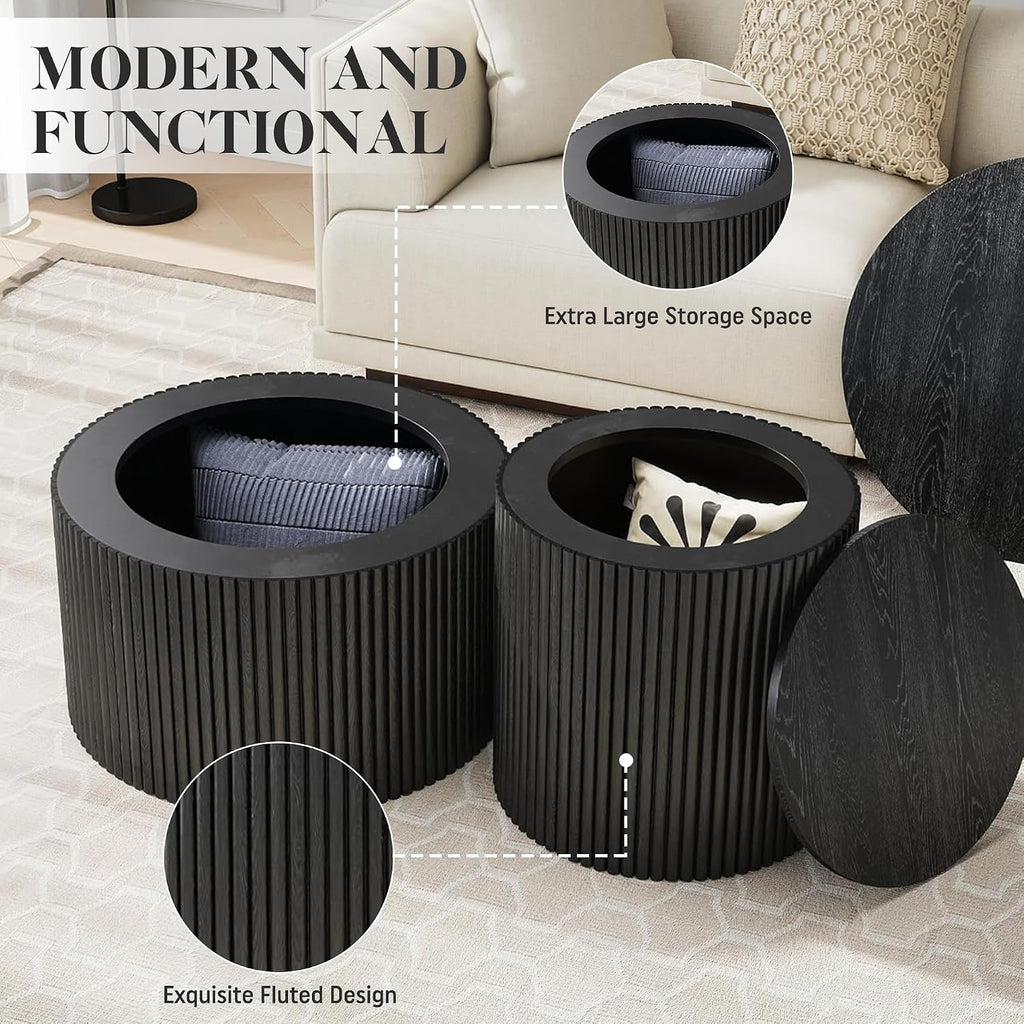 Nesting Coffee Table Set of 2, Modern Round Black Wood Coffee Table with Built-in Storage, Mid-Century Accent Side Table for Living Room, Kitchen, Small Apartment
