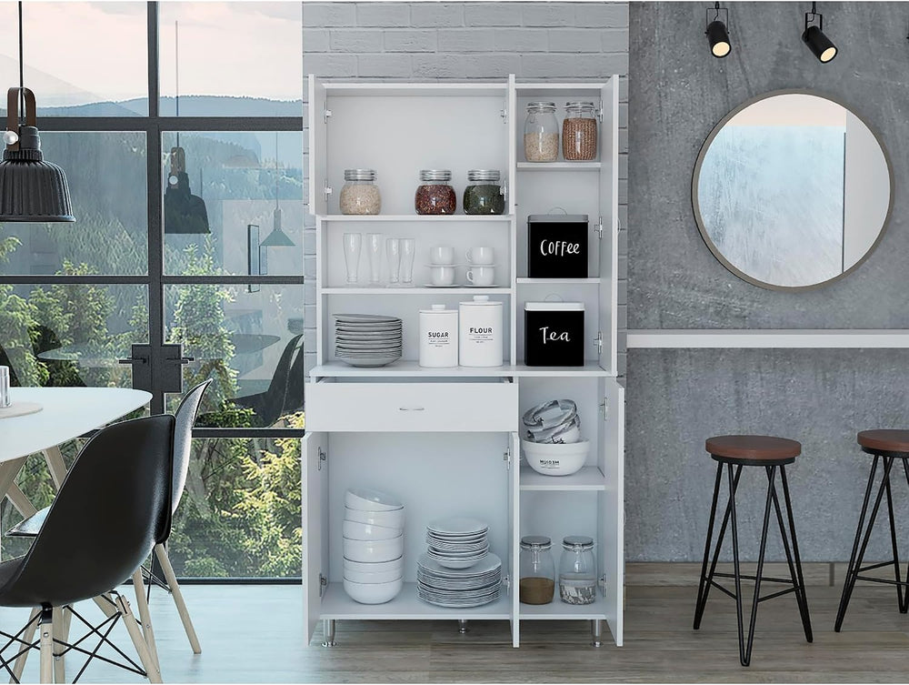 Della 90 Kitchen Pantry, One Drawer, Multiple Cabinets, Two Open Shelvess -White