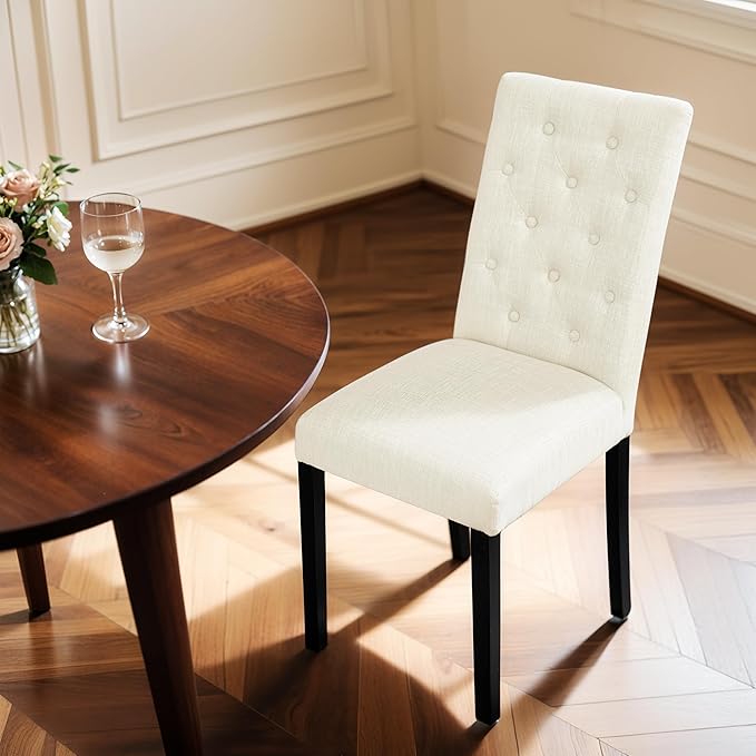 CHUN YI Dining Chairs Set of 2, Button Tufted Upholstered Fabric Dining Room Chairs with Solid Wood Legs, Modern Parsons Chair Side Chair for Kitchen/Restaurant/Hotel, Ivory White