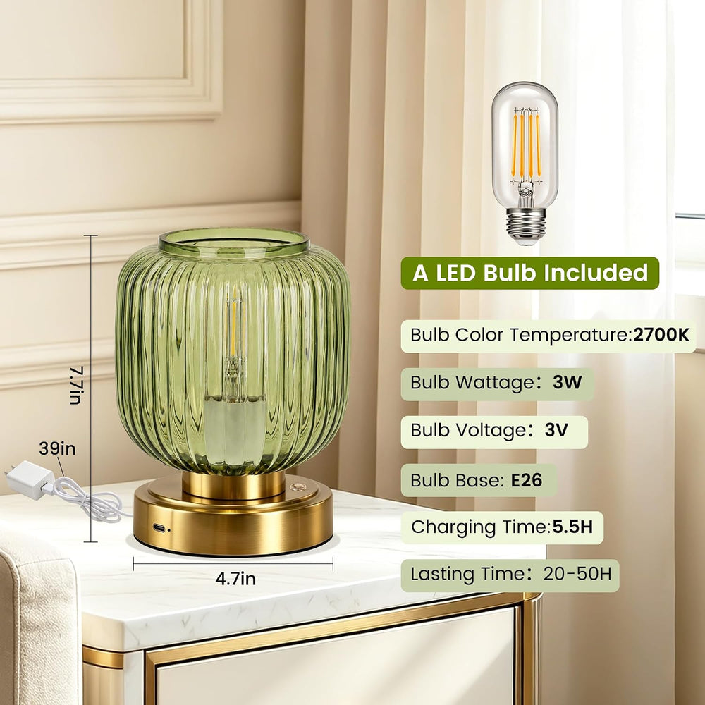 Cordless Table Lamp for Living Room, Small Green Glass Lamp for Bedroom
