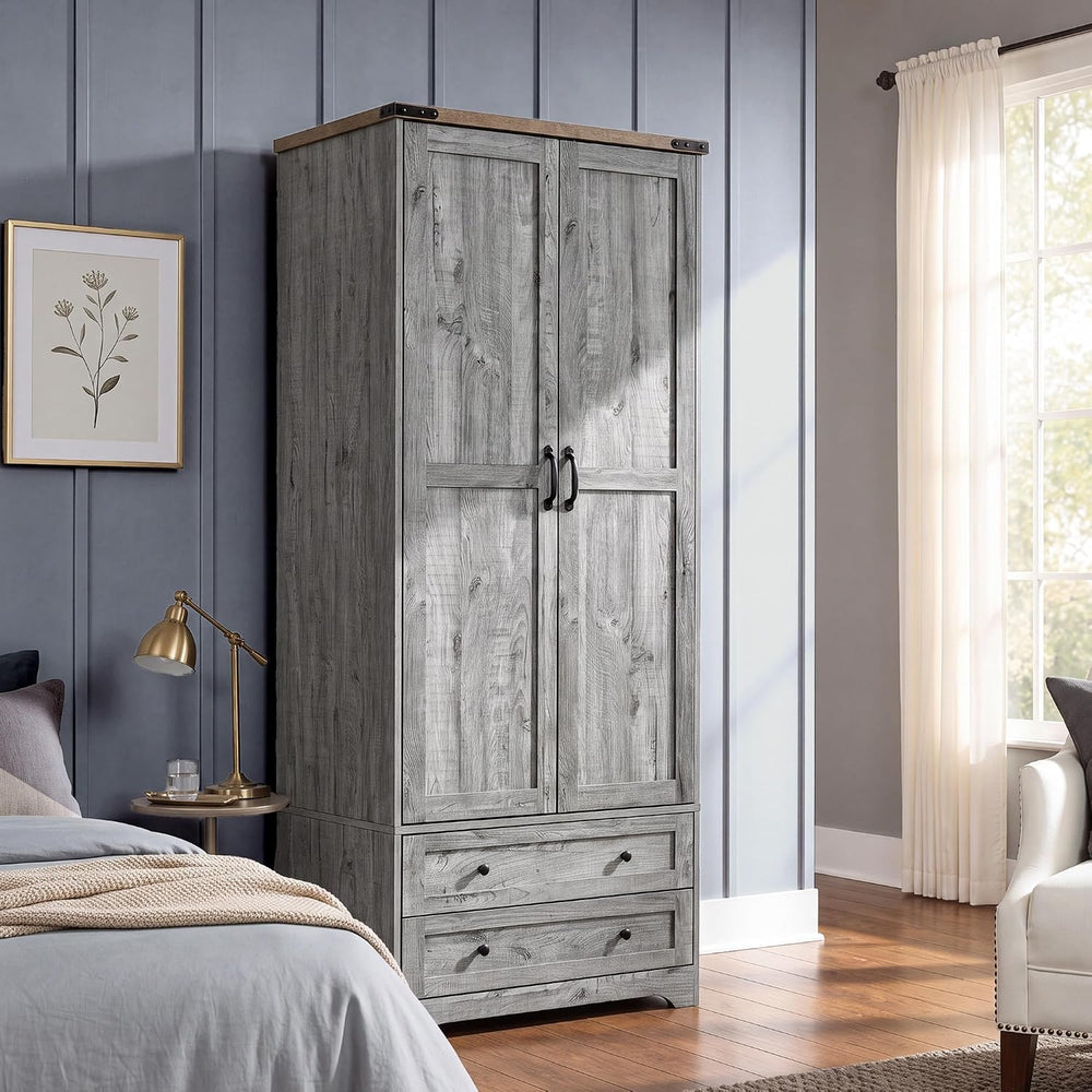 Yechen 71" Wooden Armoire Wardrobe Closet with 2 Doors & 2 Drawers, ...