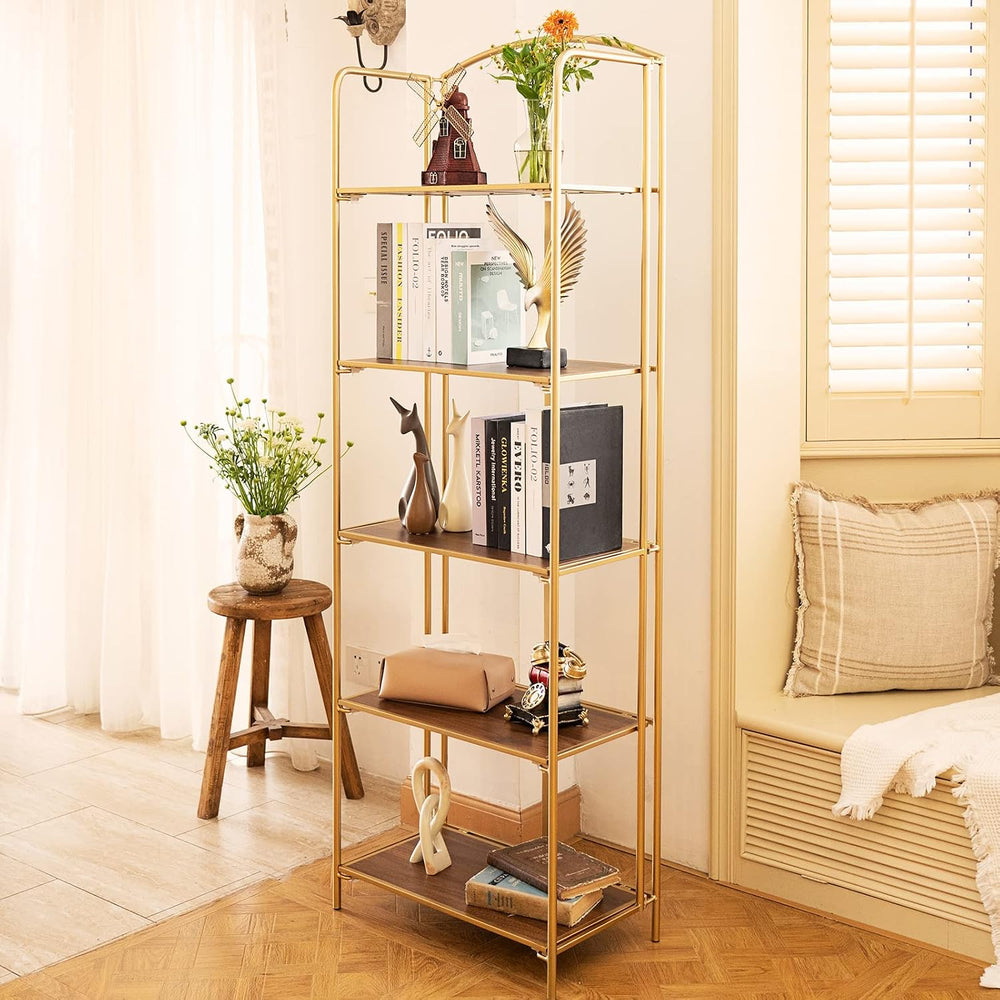 5-Tier Foldable Bookshelf, Gold Frame & Walnut Shelves