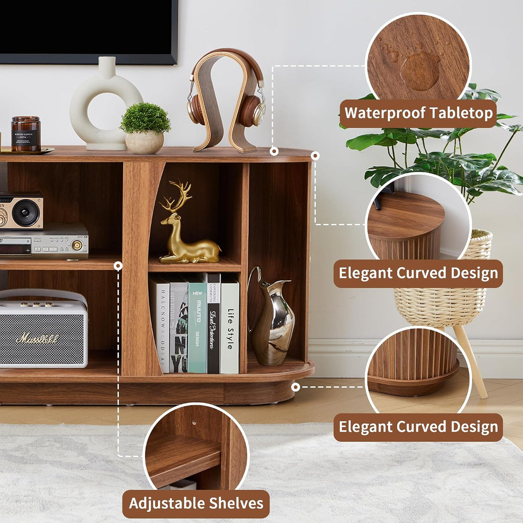 Turtle & Myrtle 63" Mid Century Modern TV Stand for Tvs up to 70", Fluted TV Media Console Table with Storage and Adjustable Shelves, Curved Edge Entertainment Center for Living Room (Brown)